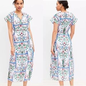 LOFT White Floral Patchwork Midi Dress with Blue Accents